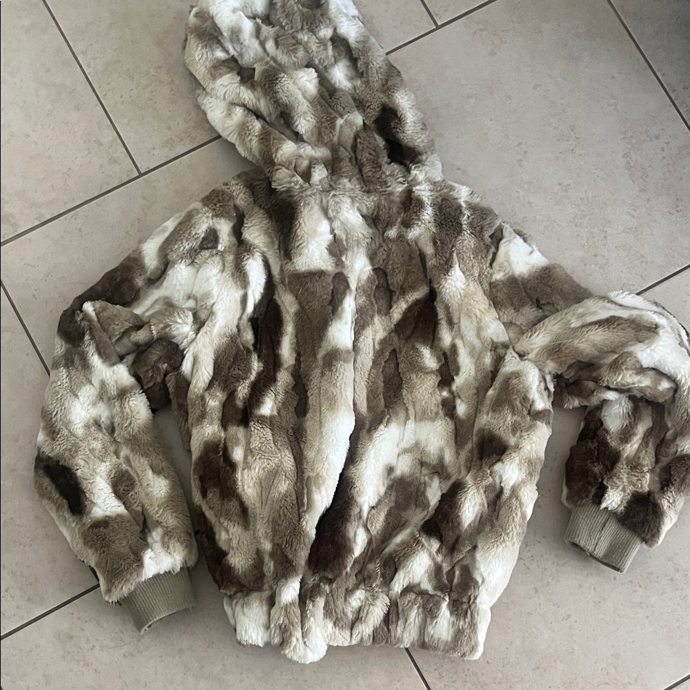 C & C California Hooded Jacket Coat Multicolor Animal Print Zip Faux Fur, Medium - Picture 5 of 7